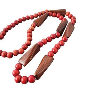 Vintage 29" Wooden and Red Beaded Necklace Retro Unbranded Statement Jewelry